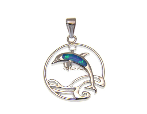 925 Sterling Silver Synthetic Blue Opal Hawaiian Dolphin Ocean Wave Pendant