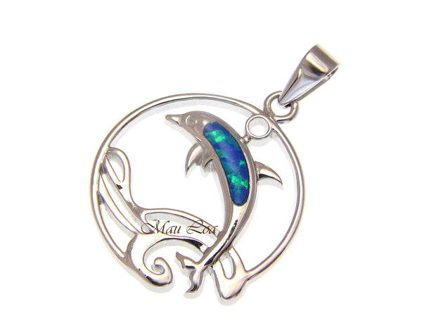 925 Sterling Silver Synthetic Blue Opal Hawaiian Dolphin Ocean Wave Pendant