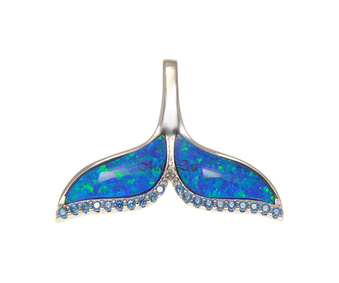 925 Sterling Silver Hawaiian Blue Topaz Opal Whale Tail Slider Pendant