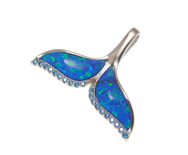 925 Sterling Silver Hawaiian Blue Topaz Opal Whale Tail Slider Pendant