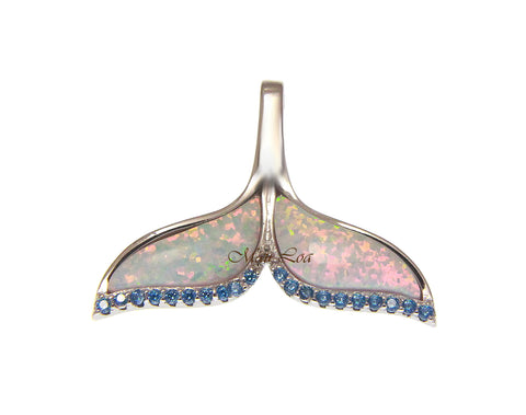 925 Sterling Silver Hawaiian Blue Topaz White Opal Whale Tail Slider Pendant