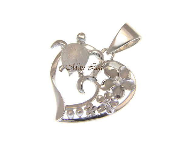 925 Silver Rhodium Hawaiian Sea Turtle Honu Plumeria Flower CZ Heart Pendant