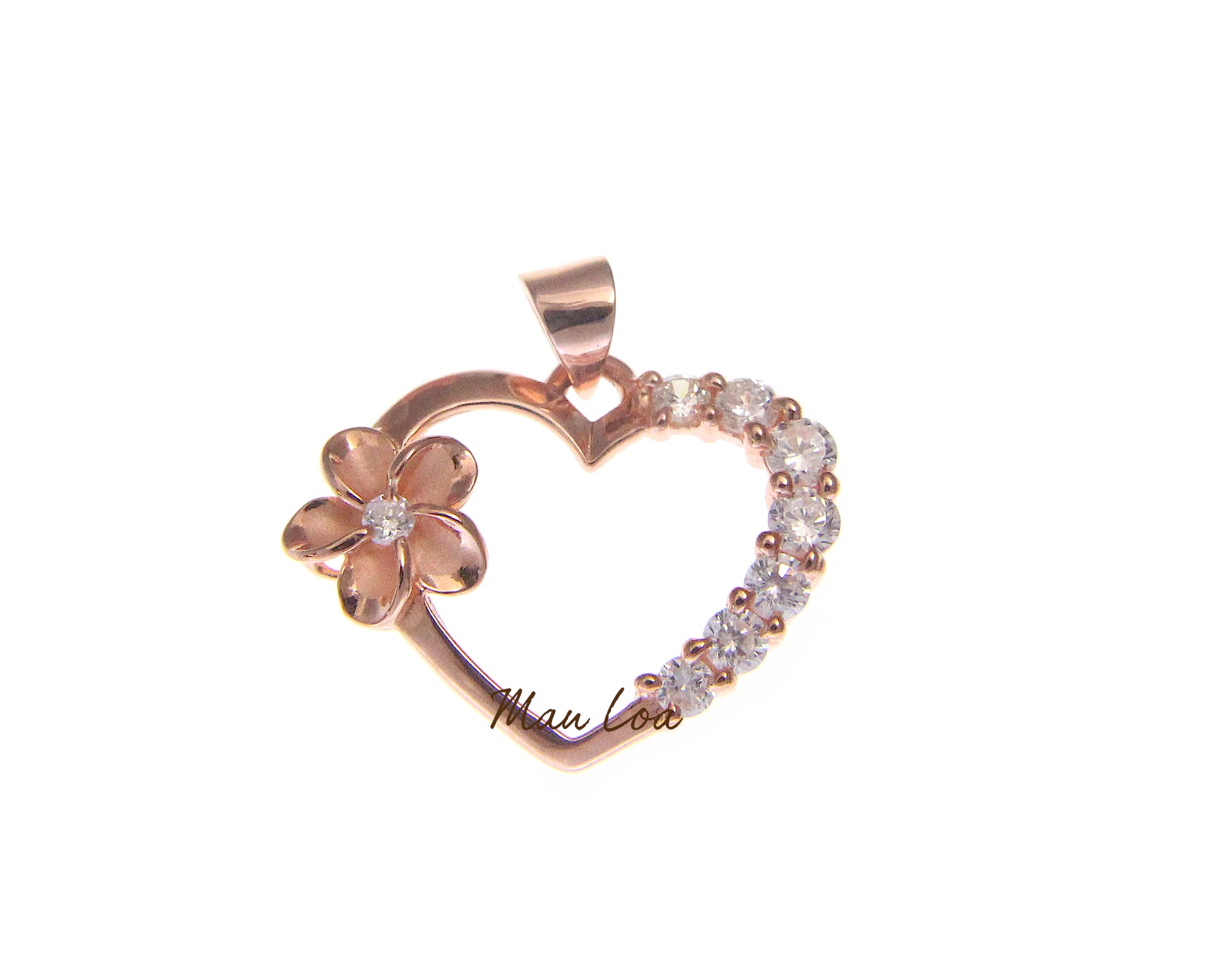 925 Sterling Silver Hawaiian Rose Gold Plated Plumeria Flower CZ Heart Pendant