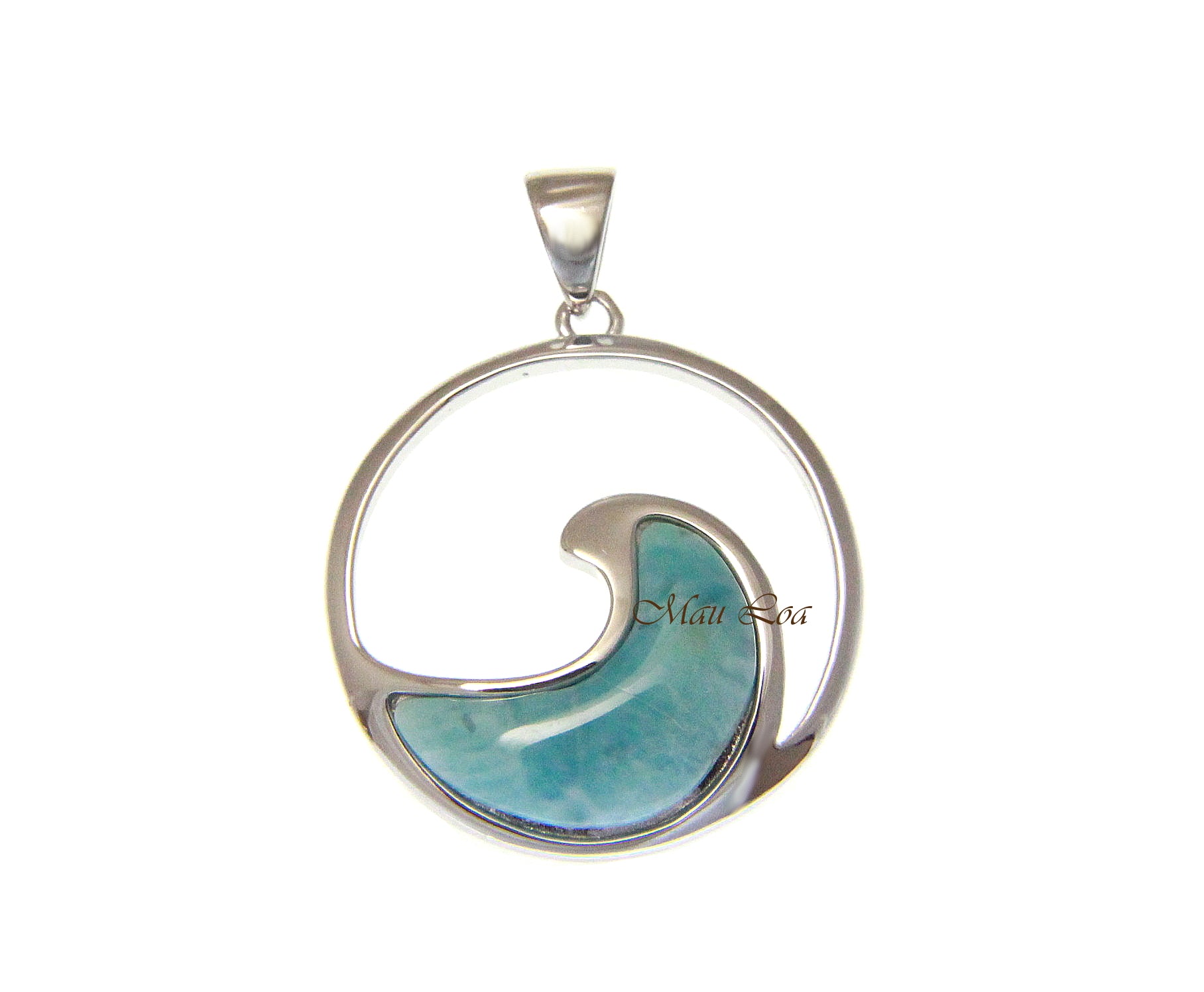 925 Sterling Silver Hawaiian Ocean Wave Natural Blue Larimar Pendant Charm