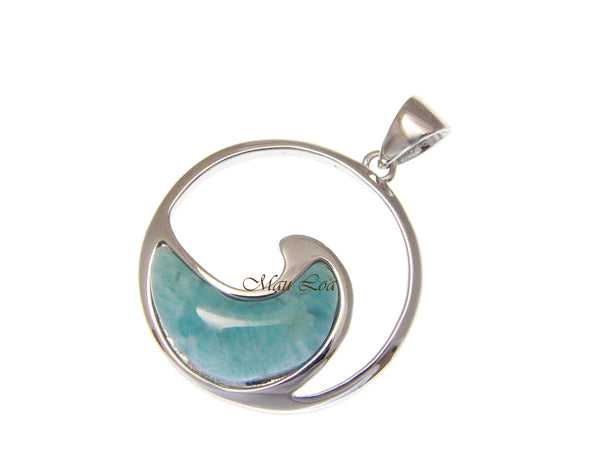 925 Sterling Silver Hawaiian Ocean Wave Natural Blue Larimar Pendant Charm