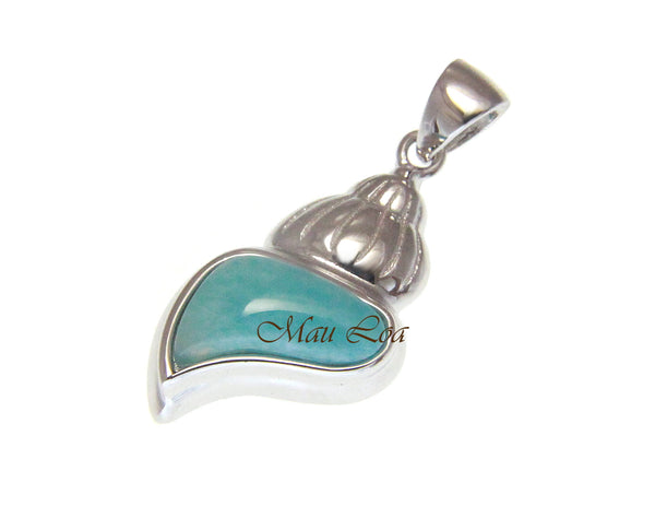 925 Sterling Silver Hawaiian Conch Shell Natural Blue Larimar Pendant Charm