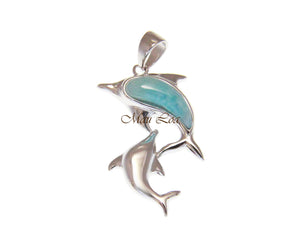 925 Sterling Silver Natural Blue Larimar Hawaiian Double Dolphin Pendant Charm