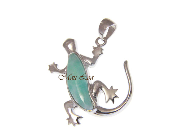 925 Sterling Silver Hawaiian Gecko Lizard Natural Blue Larimar Pendant Charm