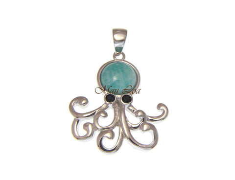 925 Sterling Silver Natural Blue Larimar Hawaiian Octopus CZ Eye Pendant Charm