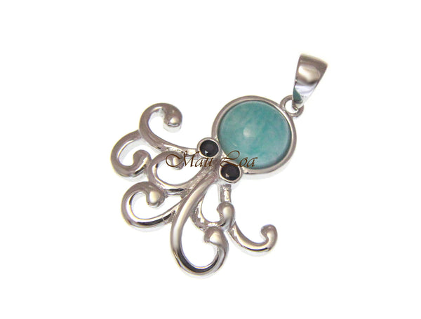 925 Sterling Silver Natural Blue Larimar Hawaiian Octopus CZ Eye Pendant Charm