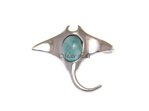 925 Sterling Silver Hawaiian Manta Ray Natural Blue Larimar Pendant Charm