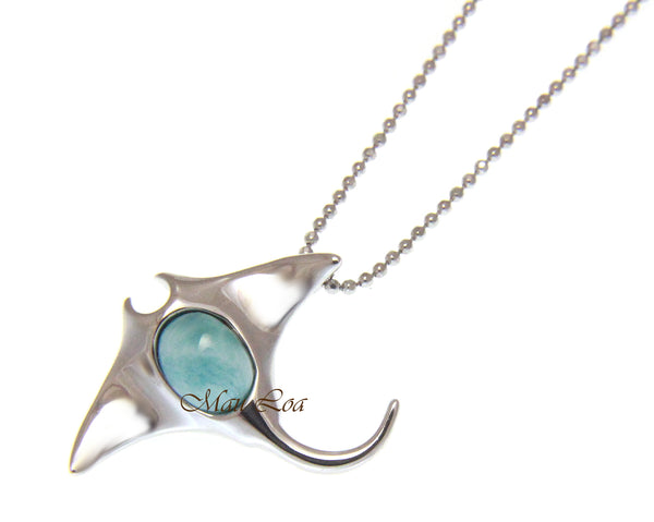 925 Sterling Silver Hawaiian Manta Ray Natural Blue Larimar Pendant Charm