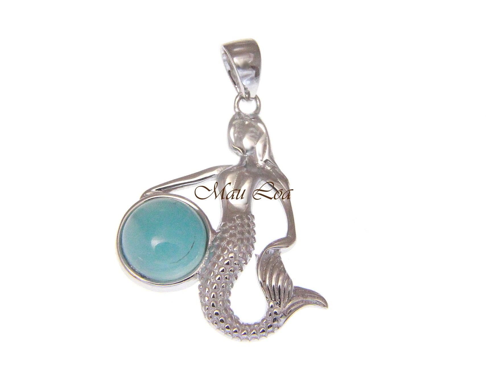 925 Sterling Silver Hawaiian Mermaid Natural Blue Larimar Pendant Charm