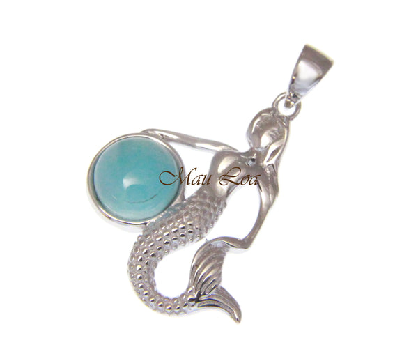 925 Sterling Silver Hawaiian Mermaid Natural Blue Larimar Pendant Charm