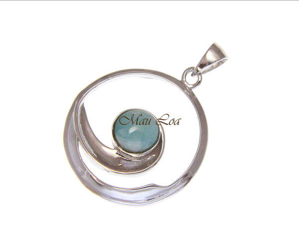 925 Sterling Silver Hawaiian Ocean Wave Natural Blue Larimar Pendant Charm