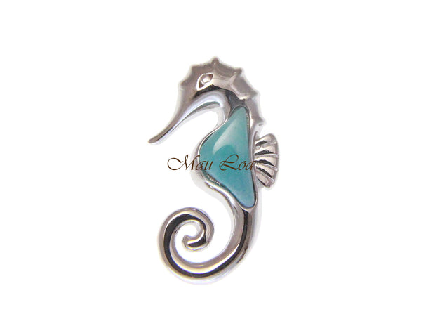 925 Sterling Silver Hawaiian Seahorse Natural Blue Larimar Pendant Charm