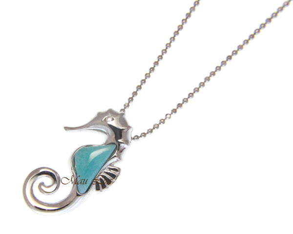 925 Sterling Silver Hawaiian Seahorse Natural Blue Larimar Pendant Charm