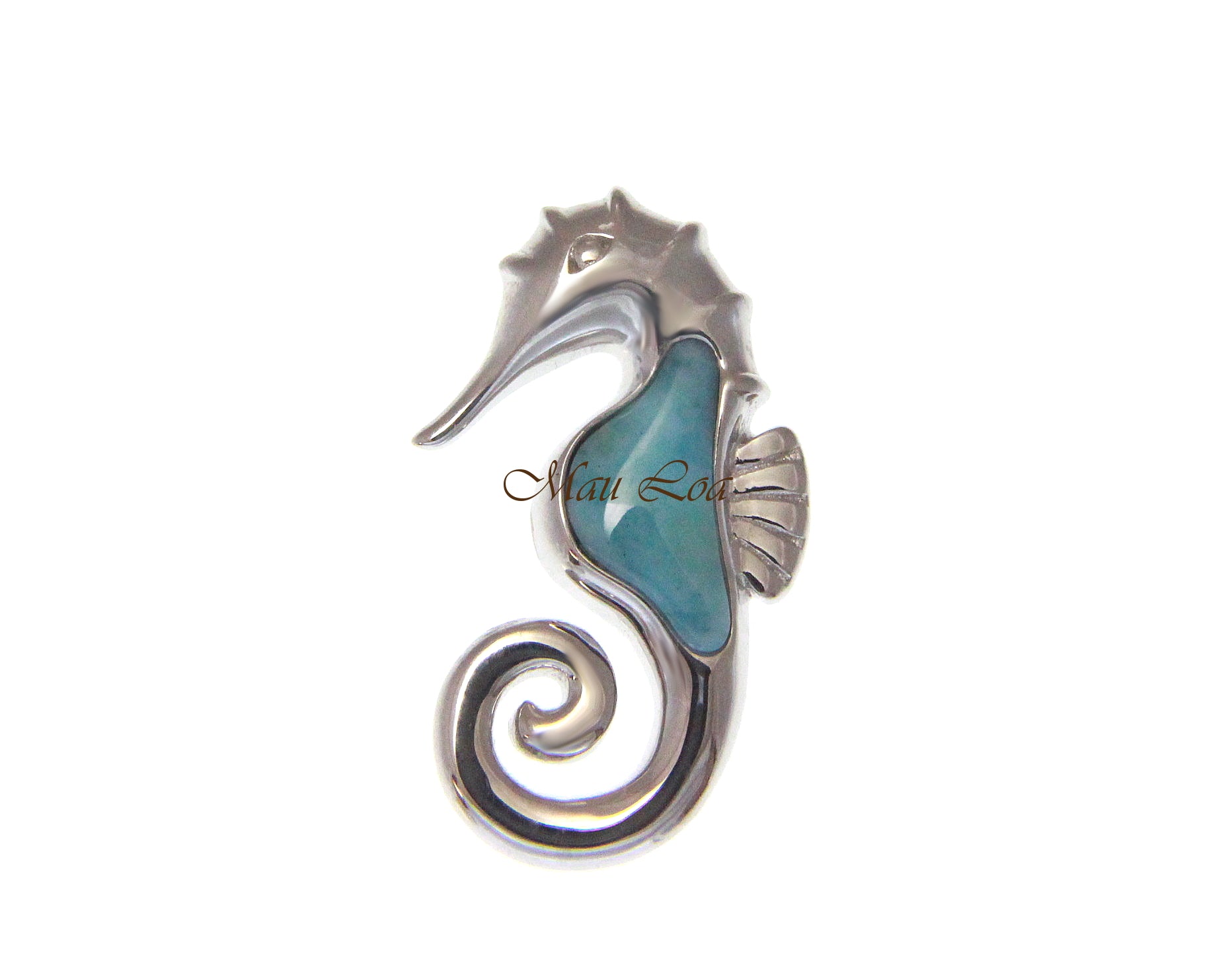 925 Sterling Silver Hawaiian Seahorse Natural Blue Larimar Pendant Charm Medium