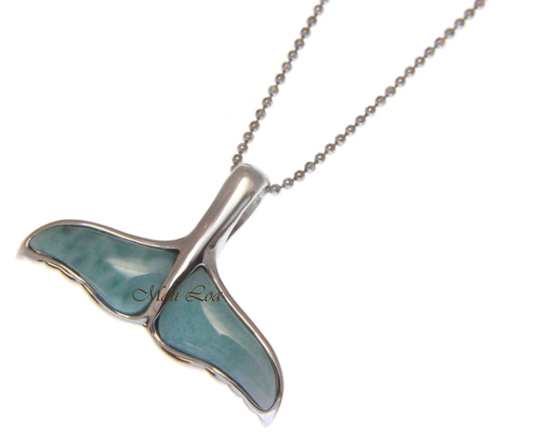925 Sterling Silver Hawaiian Whale Tail Natural Blue Larimar Pendant Charm
