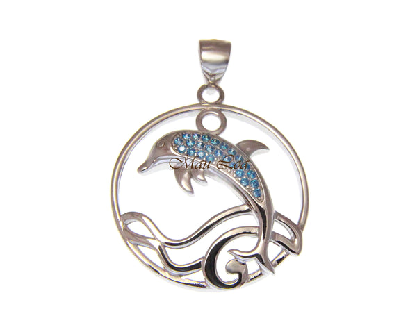 925 Sterling Silver Genuine Blue Topaz Hawaiian Dolphin Ocean Wave Pendant