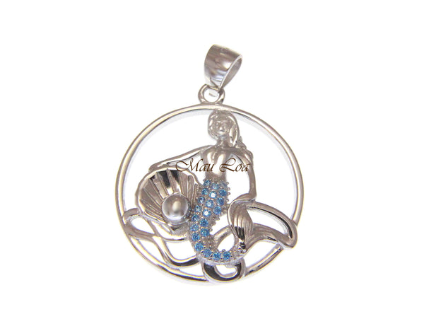 925 Sterling Silver Blue Topaz Hawaiian Mermaid Pearl Shell Oyster Pendant