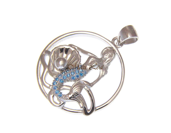 925 Sterling Silver Blue Topaz Hawaiian Mermaid Pearl Shell Oyster Pendant