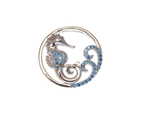 925 Sterling Silver Blue Topaz Hawaiian Seahorse Ocean Wave Slider Pendant