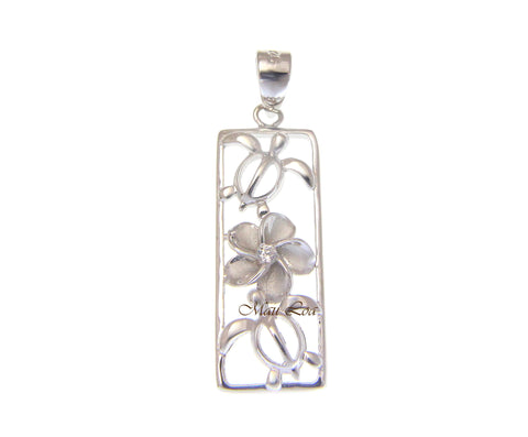 925 Sterling Silver Rhodium Hawaiian CZ Plumeria Flower Honu Sea Turtle Pendant