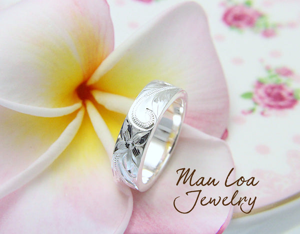 925 Sterling Silver 6mm Hawaiian Scroll Hand Engraved Smooth Edge Thick Ring