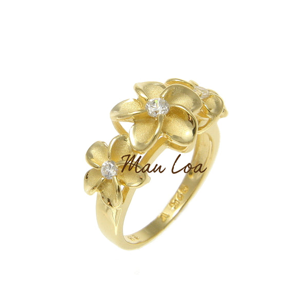 925 Sterling Silver Hawaiian Scroll Yellow Gold Plated CZ 3 Plumeria Flower Ring #3-10