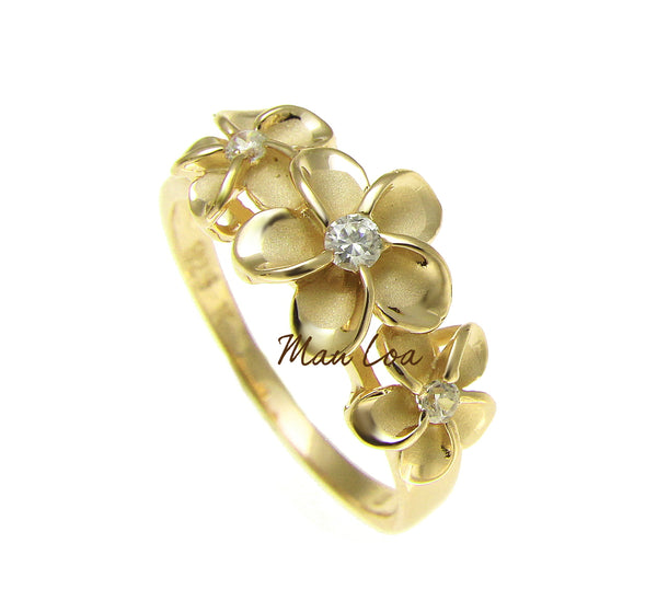 925 Sterling Silver Hawaiian Scroll Yellow Gold Plated CZ 3 Plumeria Flower Ring #3-10