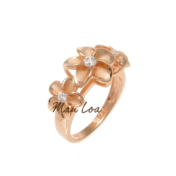 925 Sterling Silver Hawaiian Scroll Pink Rose Gold Plated CZ 3 Plumeria Flower Ring #3-10