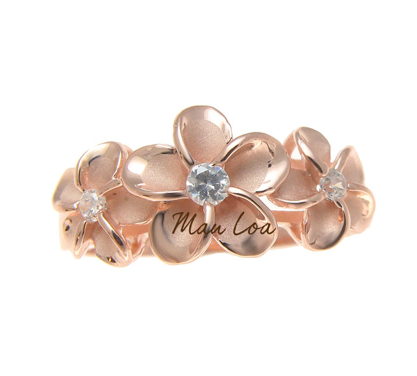 925 Sterling Silver Hawaiian Scroll Pink Rose Gold Plated CZ 3 Plumeria Flower Ring #3-10