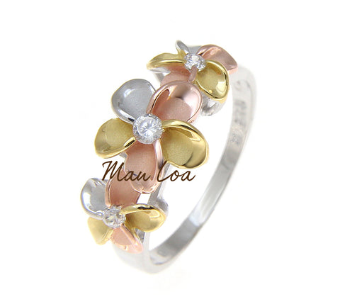 925 Sterling Silver Hawaiian Scroll Tricolor Gold Plated CZ 3 Plumeria Flower Ring #3-10