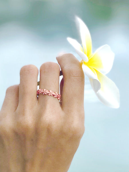 925 Sterling Silver Pink Rose Gold Plated Hawaiian Plumeria Flower Lei Ring #3-10