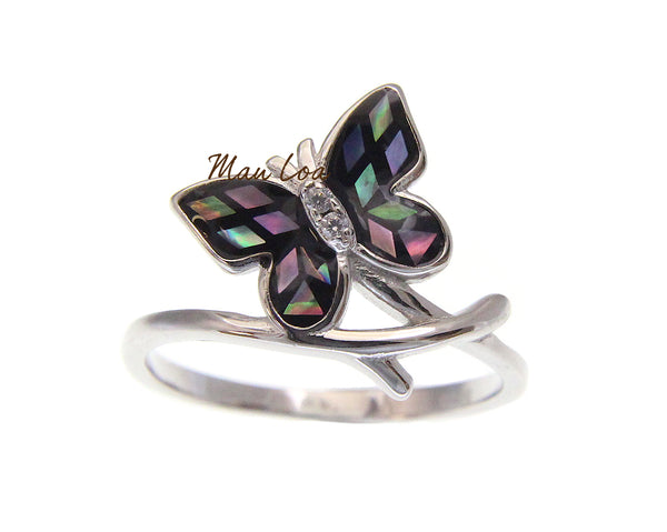 925 Sterling Silver Hawaiian Butterfly CZ Abalone Paua Shell Ring Size 5-10