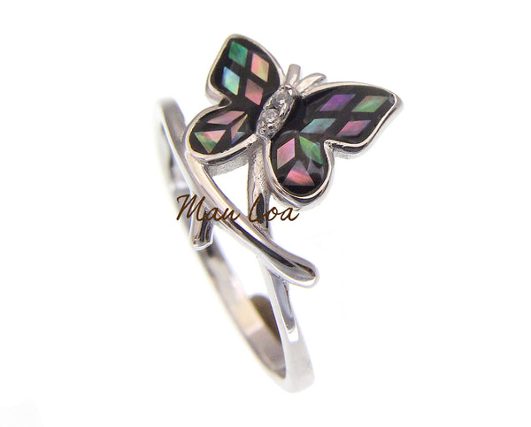 925 Sterling Silver Hawaiian Butterfly CZ Abalone Paua Shell Ring Size 5-10