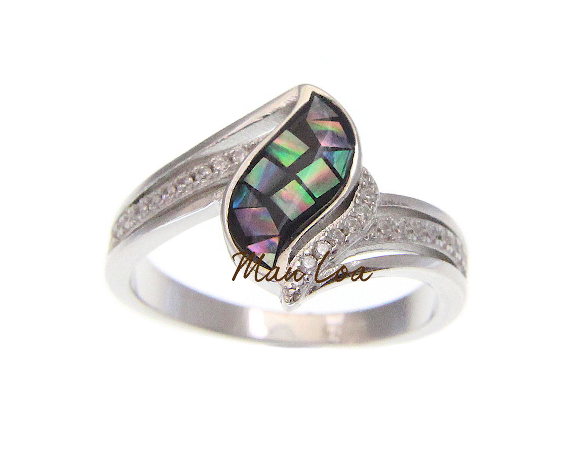925 Sterling Silver CZ Cubic Zirconia Abalone Paua Shell Ring Size 7