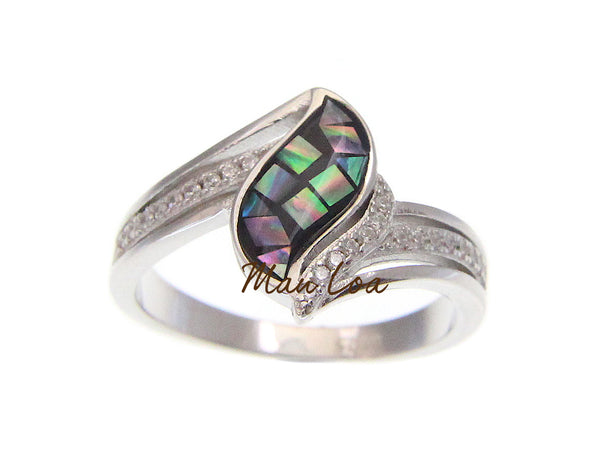 925 Sterling Silver CZ Cubic Zirconia Abalone Paua Shell Ring Size 7