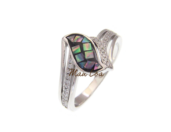 925 Sterling Silver CZ Cubic Zirconia Abalone Paua Shell Ring Size 7