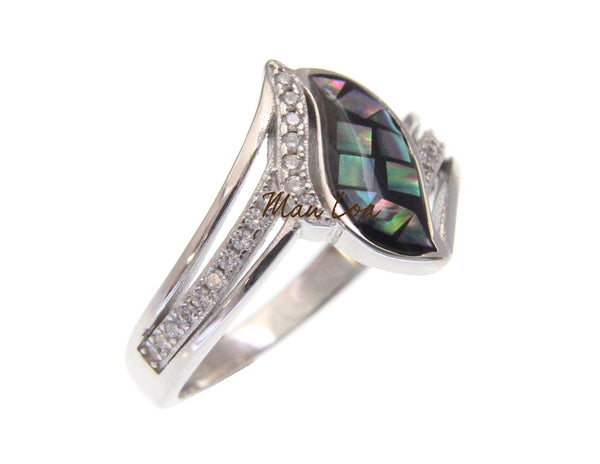 925 Sterling Silver CZ Cubic Zirconia Abalone Paua Shell Ring Size 7
