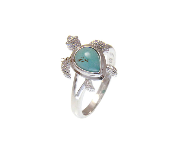 925 Sterling Silver Hawaiian Honu Sea Turtle Blue Larimar Ring Size 5-10
