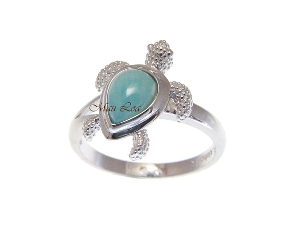 925 Sterling Silver Hawaiian Honu Sea Turtle Blue Larimar Ring Size 5-10