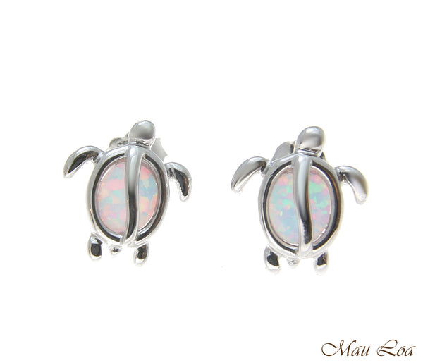 925 Sterling Silver Rhodium Hawaiian Honu Turtle White Opal Post Stud Earrings