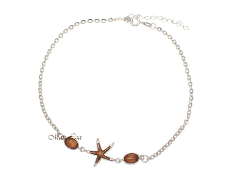 925 Sterling Silver Rhodium Starfish Hawaiian Genuine Koa Wood Anklet 9"+
