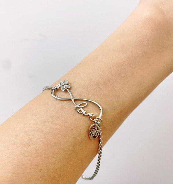 925 Silver Rhodium Hawaiian Plumeria Flower Infinity Love Joy Chain Anklet 9"+