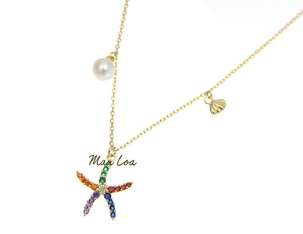 925 Silver Yellow Hawaiian Starfish Multi CZ Pearl Necklace Chain Included 16+1"